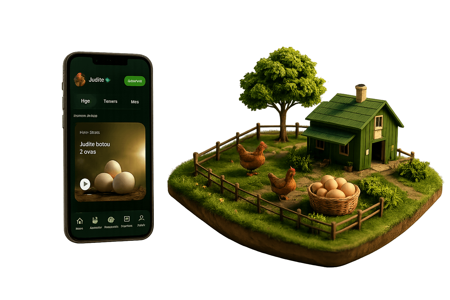 App Farmify e miniatura da fazenda com galinhas e ovos