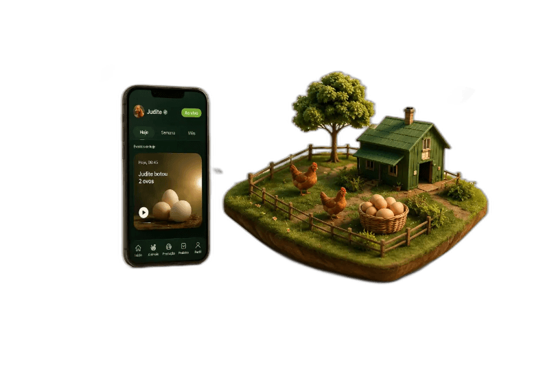 App Farmify mostrando Judite ao vivo, ao lado da miniatura da fazenda